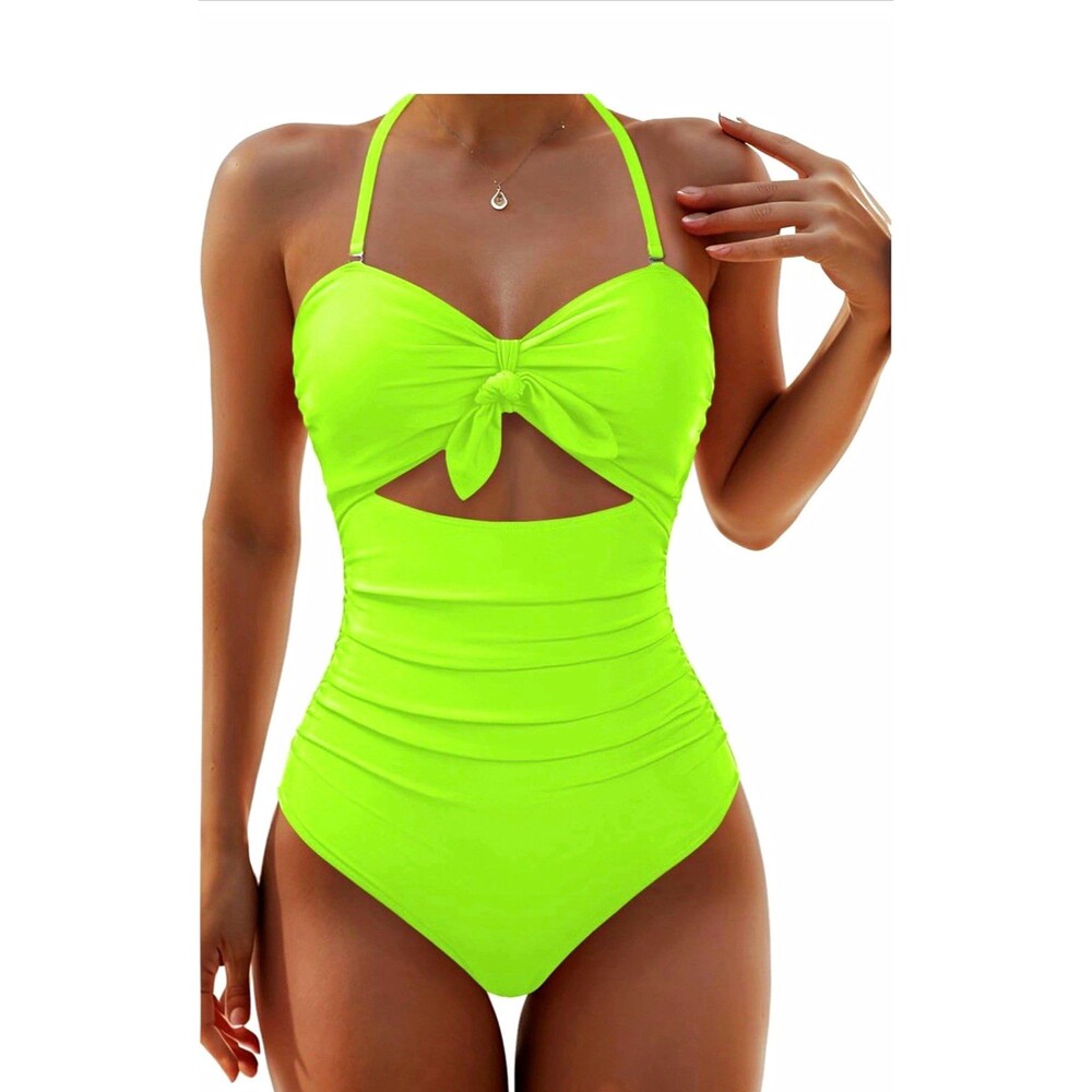 Tempt Me Women's Green Solid Halter One Piece Swimsuit Stretch, XL